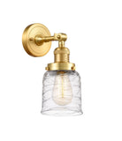 203-SG-G513 1-Light 5" Satin Gold Sconce - Clear Deco Swirl Small Bell Glass - LED Bulb - Dimmensions: 5 x 7 x 10 - Glass Up or Down: Yes