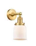 203-SG-G51 1-Light 5" Satin Gold Sconce - Matte White Cased Small Bell Glass - LED Bulb - Dimmensions: 5 x 7 x 10 - Glass Up or Down: Yes