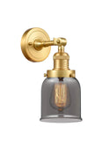 203-SG-G53 1-Light 5" Satin Gold Sconce - Plated Smoke Small Bell Glass - LED Bulb - Dimmensions: 5 x 7 x 10 - Glass Up or Down: Yes