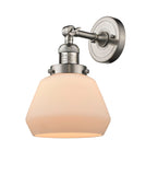 203-SN-G171 1-Light 7" Brushed Satin Nickel Sconce - Matte White Cased Fulton Glass - LED Bulb - Dimmensions: 7 x 9 x 11 - Glass Up or Down: Yes