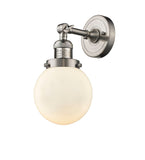 203-SN-G201-6 1-Light 6" Brushed Satin Nickel Sconce - Matte White Cased Beacon Glass - LED Bulb - Dimmensions: 6 x 8 x 12 - Glass Up or Down: Yes