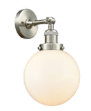 203-SN-G201-8 1-Light 8" Brushed Satin Nickel Sconce - Matte White Cased Beacon Glass - LED Bulb - Dimmensions: 8 x 9.125 x 14 - Glass Up or Down: Yes