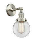 203-SN-G202-6 1-Light 6" Brushed Satin Nickel Sconce - Clear Beacon Glass - LED Bulb - Dimmensions: 6 x 8 x 12 - Glass Up or Down: Yes