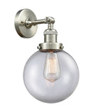 203-SN-G202-8 1-Light 8" Brushed Satin Nickel Sconce - Clear Beacon Glass - LED Bulb - Dimmensions: 8 x 9.125 x 14 - Glass Up or Down: Yes