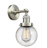 203-SN-G204-6 1-Light 6" Brushed Satin Nickel Sconce - Seedy Beacon Glass - LED Bulb - Dimmensions: 6 x 8 x 12 - Glass Up or Down: Yes