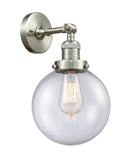 203-SN-G204-8 1-Light 8" Brushed Satin Nickel Sconce - Seedy Beacon Glass - LED Bulb - Dimmensions: 8 x 9.125 x 14 - Glass Up or Down: Yes