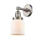 203-SN-G51 1-Light 5" Brushed Satin Nickel Sconce - Matte White Cased Small Bell Glass - LED Bulb - Dimmensions: 5 x 7 x 10 - Glass Up or Down: Yes