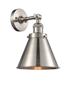 203-SN-M13-SN 1-Light 8" Brushed Satin Nickel Sconce - Brushed Satin Nickel Appalachian Shade - LED Bulb - Dimmensions: 8 x 9 x 13 - Glass Up or Down: Yes