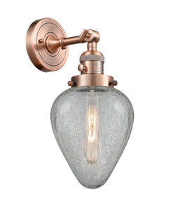 203SW-AC-G165 1-Light 6.5" Antique Copper Sconce - Clear Crackle Geneseo Glass - LED Bulb - Dimmensions: 6.5 x 9 x 14 - Glass Up or Down: Yes