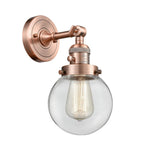 203SW-AC-G202-6 1-Light 6" Antique Copper Sconce - Clear Beacon Glass - LED Bulb - Dimmensions: 6 x 8 x 12 - Glass Up or Down: Yes