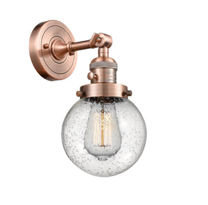 203SW-AC-G204-6 1-Light 6" Antique Copper Sconce - Seedy Beacon Glass - LED Bulb - Dimmensions: 6 x 8 x 12 - Glass Up or Down: Yes