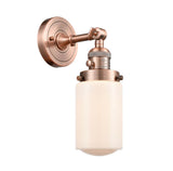 203SW-AC-G311 1-Light 4.5" Antique Copper Sconce - Matte White Cased Dover Glass - LED Bulb - Dimmensions: 4.5 x 7.5 x 12.75 - Glass Up or Down: Yes