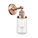 203SW-AC-G312 1-Light 4.5" Antique Copper Sconce - Clear Dover Glass - LED Bulb - Dimmensions: 4.5 x 7.5 x 12.75 - Glass Up or Down: Yes