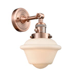 203SW-AC-G531 1-Light 7.5" Antique Copper Sconce - Matte White Cased Small Oxford Glass - LED Bulb - Dimmensions: 7.5 x 9 x 12 - Glass Up or Down: Yes