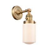 203SW-BB-G311 1-Light 4.5" Brushed Brass Sconce - Matte White Cased Dover Glass - LED Bulb - Dimmensions: 4.5 x 7.5 x 12.75 - Glass Up or Down: Yes