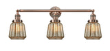 205-AC-G146 3-Light 30" Antique Copper Bath Vanity Light - Mercury Plated Chatham Glass - LED Bulb - Dimmensions: 30 x 9 x 10 - Glass Up or Down: Yes