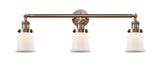 205-AC-G181S 3-Light 30" Antique Copper Bath Vanity Light - Matte White Small Canton Glass - LED Bulb - Dimmensions: 30 x 9 x 10 - Glass Up or Down: Yes
