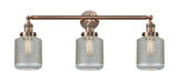 205-AC-G262 3-Light 32" Antique Copper Bath Vanity Light - Vintage Wire Mesh Stanton Glass - LED Bulb - Dimmensions: 32 x 8 x 14 - Glass Up or Down: Yes
