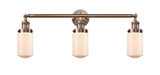 205-AC-G311 3-Light 31" Antique Copper Bath Vanity Light - Matte White Cased Dover Glass - LED Bulb - Dimmensions: 31 x 7.5 x 10.75 - Glass Up or Down: Yes