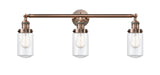 205-AC-G312 3-Light 31" Antique Copper Bath Vanity Light - Clear Dover Glass - LED Bulb - Dimmensions: 31 x 7.5 x 10.75 - Glass Up or Down: Yes