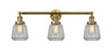 205-BB-G142 3-Light 30" Brushed Brass Bath Vanity Light - Clear Chatham Glass - LED Bulb - Dimmensions: 30 x 9 x 10 - Glass Up or Down: Yes