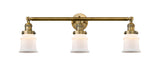 205-BB-G181S 3-Light 30" Brushed Brass Bath Vanity Light - Matte White Small Canton Glass - LED Bulb - Dimmensions: 30 x 9 x 10 - Glass Up or Down: Yes