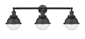 205-BK-HFS-62-BK 3-Light 34" Matte Black Bath Vanity Light - Clear Hampden Glass - LED Bulb - Dimmensions: 34 x 8.125 x 10.25 - Glass Up or Down: Yes