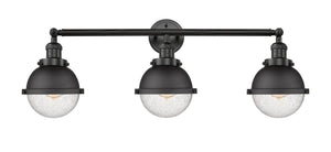 205-BK-HFS-64-BK 3-Light 34" Matte Black Bath Vanity Light - Seedy Hampden Glass - LED Bulb - Dimmensions: 34 x 8.125 x 10.25 - Glass Up or Down: Yes