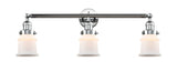 205-PC-G181S 3-Light 30" Polished Chrome Bath Vanity Light - Matte White Small Canton Glass - LED Bulb - Dimmensions: 30 x 9 x 10 - Glass Up or Down: Yes