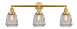 205-SG-G142 3-Light 30" Satin Gold Bath Vanity Light - Clear Chatham Glass - LED Bulb - Dimmensions: 30 x 9 x 10 - Glass Up or Down: Yes