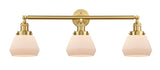 205-SG-G171 3-Light 30" Satin Gold Bath Vanity Light - Matte White Cased Fulton Glass - LED Bulb - Dimmensions: 30 x 9 x 10 - Glass Up or Down: Yes