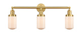 205-SG-G311 3-Light 31" Satin Gold Bath Vanity Light - Matte White Cased Dover Glass - LED Bulb - Dimmensions: 31 x 7.5 x 10.75 - Glass Up or Down: Yes