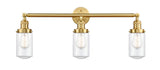 205-SG-G312 3-Light 31" Satin Gold Bath Vanity Light - Clear Dover Glass - LED Bulb - Dimmensions: 31 x 7.5 x 10.75 - Glass Up or Down: Yes