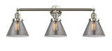 205-SN-G43 3-Light 32" Brushed Satin Nickel Bath Vanity Light - Plated Smoke Large Cone Glass - LED Bulb - Dimmensions: 32 x 9 x 11 - Glass Up or Down: Yes