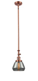 206-AC-G173 Stem Hung 7" Antique Copper Mini Pendant - Plated Smoke Fulton Glass - LED Bulb - Dimmensions: 7 x 7 x 14<br>Minimum Height : 22.375<br>Maximum Height : 46.5 - Sloped Ceiling Compatible: Yes