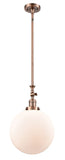 206-AC-G201-12 Stem Hung 12" Antique Copper Mini Pendant - Matte White Cased Beacon Glass - LED Bulb - Dimmensions: 12 x 12 x 18<br>Minimum Height : 28.875<br>Maximum Height : 53 - Sloped Ceiling Compatible: Yes