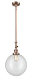 206-AC-G202-12 Stem Hung 12" Antique Copper Mini Pendant - Clear Beacon Glass - LED Bulb - Dimmensions: 12 x 12 x 18<br>Minimum Height : 28.875<br>Maximum Height : 53 - Sloped Ceiling Compatible: Yes