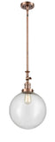 206-AC-G204-12 Stem Hung 12" Antique Copper Mini Pendant - Seedy Beacon Glass - LED Bulb - Dimmensions: 12 x 12 x 18<br>Minimum Height : 28.875<br>Maximum Height : 53 - Sloped Ceiling Compatible: Yes