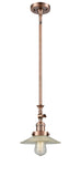 206-AC-G2 Stem Hung 8.5" Antique Copper Mini Pendant - Clear Halophane Glass - LED Bulb - Dimmensions: 8.5 x 8.5 x 12<br>Minimum Height : 19.125<br>Maximum Height : 43.25 - Sloped Ceiling Compatible: Yes