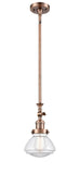 206-AC-G322 Stem Hung 6.75" Antique Copper Mini Pendant - Clear Olean Glass - LED Bulb - Dimmensions: 6.75 x 6.75 x 11.75<br>Minimum Height : 22.125<br>Maximum Height : 46.25 - Sloped Ceiling Compatible: Yes