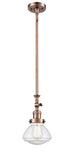 206-AC-G324 Stem Hung 6.75" Antique Copper Mini Pendant - Seedy Olean Glass - LED Bulb - Dimmensions: 6.75 x 6.75 x 11.75<br>Minimum Height : 22.125<br>Maximum Height : 46.25 - Sloped Ceiling Compatible: Yes