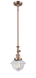 206-AC-G532 Stem Hung 7.5" Antique Copper Mini Pendant - Clear Small Oxford Glass - LED Bulb - Dimmensions: 7.5 x 7.5 x 12<br>Minimum Height : 22.875<br>Maximum Height : 47 - Sloped Ceiling Compatible: Yes