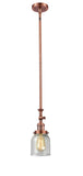 206-AC-G54 Stem Hung 5" Antique Copper Mini Pendant - Seedy Small Bell Glass - LED Bulb - Dimmensions: 5 x 5 x 14<br>Minimum Height : 22.875<br>Maximum Height : 47 - Sloped Ceiling Compatible: Yes