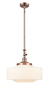 206-AC-G691-16 Stem Hung 16" Antique Copper Mini Pendant - Matte White Cased Large Bridgeton Glass - LED Bulb - Dimmensions: 16 x 16 x 14<br>Minimum Height : 23<br>Maximum Height : 47 - Sloped Ceiling Compatible: Yes