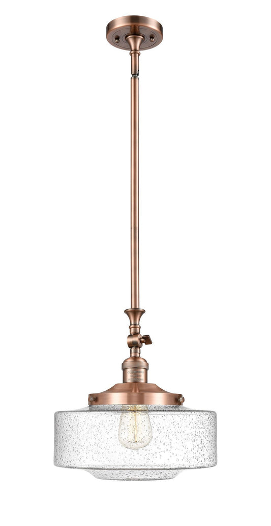 206-AC-G694-12 Stem Hung 12" Antique Copper Mini Pendant - Seedy Large Bridgeton Glass - LED Bulb - Dimmensions: 12 x 12 x 12<br>Minimum Height : 21<br>Maximum Height : 45 - Sloped Ceiling Compatible: Yes