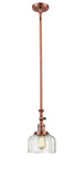 206-AC-G72 Stem Hung 8" Antique Copper Mini Pendant - Clear Large Bell Glass - LED Bulb - Dimmensions: 8 x 8 x 14<br>Minimum Height : 22.875<br>Maximum Height : 47 - Sloped Ceiling Compatible: Yes