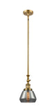 206-BB-G173 Stem Hung 7" Brushed Brass Mini Pendant - Plated Smoke Fulton Glass - LED Bulb - Dimmensions: 7 x 7 x 14<br>Minimum Height : 22.375<br>Maximum Height : 46.5 - Sloped Ceiling Compatible: Yes