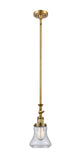 206-BB-G194 Stem Hung 6.5" Brushed Brass Mini Pendant - Seedy Bellmont Glass - LED Bulb - Dimmensions: 6.5 x 6.5 x 14<br>Minimum Height : 23.375<br>Maximum Height : 47.5 - Sloped Ceiling Compatible: Yes