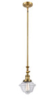 206-BB-G532 Stem Hung 7.5" Brushed Brass Mini Pendant - Clear Small Oxford Glass - LED Bulb - Dimmensions: 7.5 x 7.5 x 12<br>Minimum Height : 22.875<br>Maximum Height : 47 - Sloped Ceiling Compatible: Yes