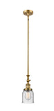 206-BB-G54 Stem Hung 5" Brushed Brass Mini Pendant - Seedy Small Bell Glass - LED Bulb - Dimmensions: 5 x 5 x 14<br>Minimum Height : 22.875<br>Maximum Height : 47 - Sloped Ceiling Compatible: Yes